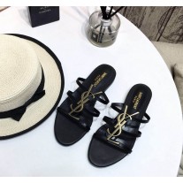 Saint Laurent Cassandra Flat Sandals Smooth Leather Black