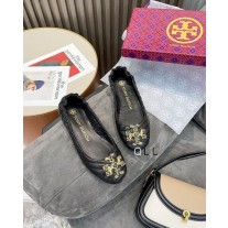 Tory Burch Quilted Crystal Logo Sheepskin Ballet Black