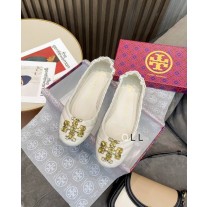 Tory Burch Quilted Crystal Logo Sheepskin Ballet White