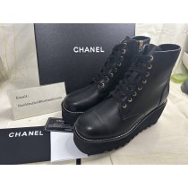 CHANEL Lambskin Quilted Lace Up Wedge Combat Boots Black 