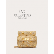Cheap valentino canada stores Medium Roman Stud The Shoulder Bag In Raffia With Chain And Rhinestones for Woman in Natural/crystal