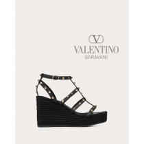Knock off valentino canada store Rockstud Ankle Strap Wedge Sandal In Calfskin Leather 95 Mm for Woman in Black