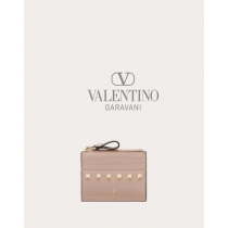 Discount valentino canada locations Rockstud Calfskin Cardholder With Zipper for Woman in Poudre