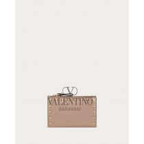 Shop replica valentino canada yorkdale Rockstud Grainy Calfskin Cardholder With Zipper for Woman in Poudre