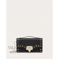 Replica valentino yorkdale toronto Rockstud Grainy Calfskin Wallet With Chain Strap for Woman in Black