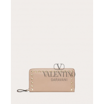Real quality fake valentino canada Rockstud Grainy Calfskin Zippered Wallet for Woman in Poudre