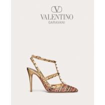copy valentino canada yorkdale Rockstud Tweed Pump With Straps 100mm for Woman in Gold/multicolor