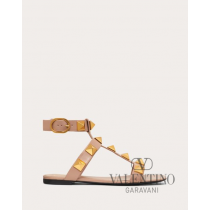 Fake Valentino toronto Roman Stud Flat Calfskin Sandal for Woman in Rose Cannelle