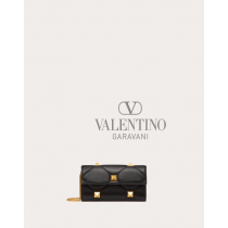 Real quality fake valentino canada Roman Stud Wallet In Nappa Leather With Chain for Woman in Black