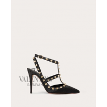 Top quality cheap valentino canada online Satin Rockstud Pump With All-over Tubes Embroidery And Straps 100mm for Woman in Black