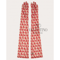 Knock off valentino canada store Toile Iconographe Long Gloves In Tulle for Woman in Beige/red