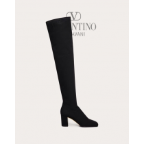 high quality fake valentino canada sale Garavani Golden Walk Over-the-knee Boot In Stretch Fabric 70mm for Woman in Black
