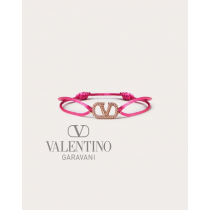 Fake Valentino toronto Vlogo Signature Bracelet In Cotton And Swarovski® Crystals for Woman in Pink
