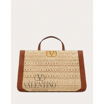 Real quality fake valentino canada Vlogo Signature Embroidered Raffia Handbag for Woman in Natural/saddle Brown