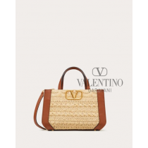 cheap fake valentino canada store Vlogo Signature Handbag With Raffia Embroidery for Woman in Natural/saddle Brown