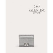 Fake Valentino toronto Vlogo Signature Metallic Grainy Calfskin Cardholder for Woman in Silver