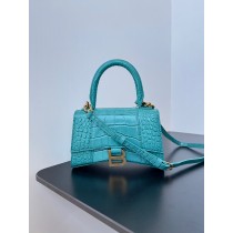 Balenciaga Mini Hourglass Handbag 19CM Crocodile Embossed Blue Gold Hardware