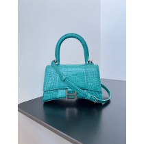 Balenciaga Mini Hourglass Handbag 19CM Crocodile Embossed Blue Silver Hardware
