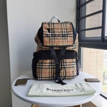 Burberry Nylon Icon Stripe Check Logo Print Backpack Black Beige
