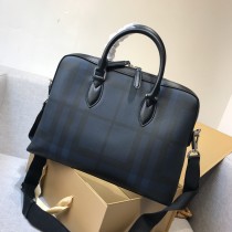 Burberry Check Leather Briefcase 38CM Black Blue
