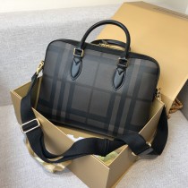 Burberry Check Leather Briefcase 38CM Black Coffee