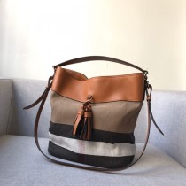 Burberry Medium Ashby Canvas Calfskin Hobo Bag Brown