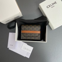 Celine Business Card Holder In Triomphe Canvas Lambskin Tan