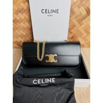 Celine Chain Shoulder Bag Triomphe Shiny Calfskin Black 33CM