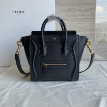 Celine Luggage Nano Handbag Drummed Calfskin Black 20CM