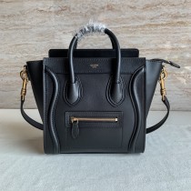 Celine Luggage Nano Handbag Drummed Calfskin Smooth Black 20CM