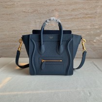 Celine Luggage Nano Handbag Drummed Calfskin Navy Blue 20CM