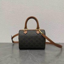 Celine Small Boston Bag Triomphe Canvas Calfskin Tan