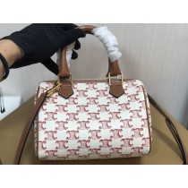 Celine Small Boston Bag Triomphe Canvas Calfskin White Red