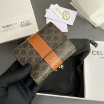 Celine Small Trifold Wallet In Triomphe Canvas And Lambskin Tan