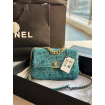 Chanel 19 Handbag 26CM Tweed Gold Ruthenium-tone Blue