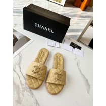 Chanel CC Logo Quilted Leather Slide Sandals Beige