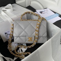 Chanel Large Flap Bag Calfskin Leather Gold Hardware Lambskin Grey
