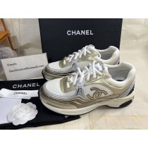 Chanel Women CC Sneakers Fabric Laminated Calfskin Stretch White Gold Silver