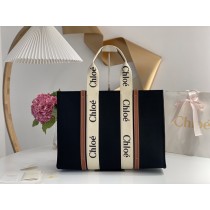 Chloé Large Woody Linen Tote Black Brown