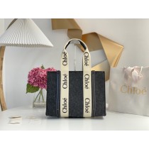 Chloé Medium Woody Linen Tote Black Grey