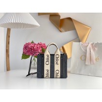Chloé Small Woody Linen Tote Black Grey