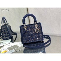 Dior Lady Dior Bag 24CM Strass Cannage Satin Blue