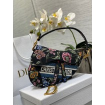 Dior Saddle Bag Dior Petites Fleurs Embroidery Black