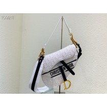 Dior Saddle Bag with Strap Oblique Embroidered Cotton White