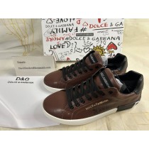 Dolce & Gabbana Calfskin Portofino Sneakers With DG Logo Dark Brown