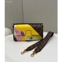 Fendi Baguette FF Brown Glazed Fabric Bag with Inlay