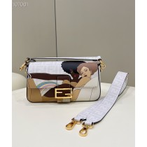 Fendi Baguette FF White Glazed Fabric Bag with Inlay