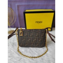 Fendi Baguette Pouch Coffee Jacquard FF Fabric Clutch With Chain