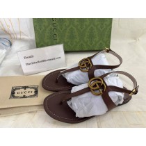 Gucci Double G Leather Flat Sandals Dark Brown