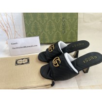 Gucci Women Double G Slide Sandal 80mm Black Leather